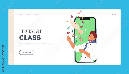 Online Cooking Master Classes and Tutorials for Preparing Food Landing Page Template. Chief Male Character Wear Uniform