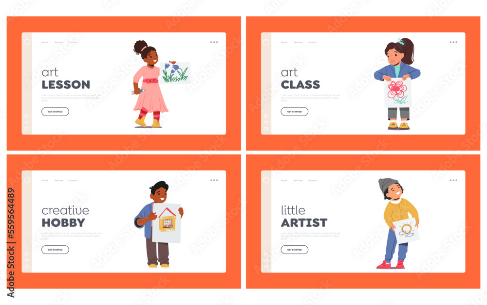 Children Holding Drawings Landing Page Template Set. Little Kid Characters Showing Paintings on Paper. Kids Creativity