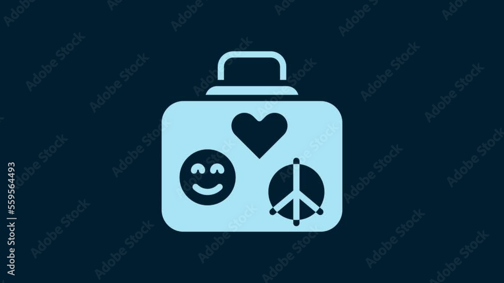 White Suitcase for travel icon isolated on blue background. Traveling baggage sign. Retro hippie style. Travel luggage icon. 4K Video motion graphic animation White Suitcase for travel icon isolated on blue background. Traveling baggage sign. Retro hippie style. Travel luggage icon. 4K Video motion graphic animation