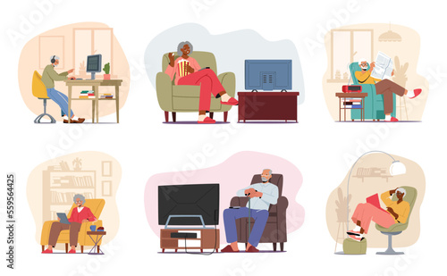 Set of Senior People Rest at Home. Elderly Male and Female Characters Playing on Computer, Watching Tv