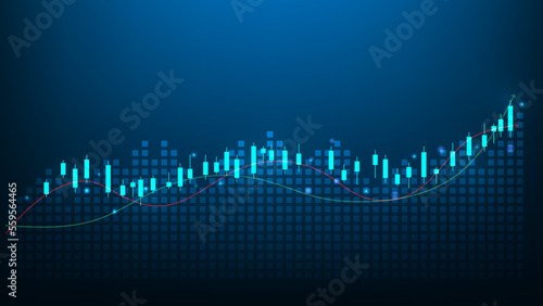 business investment graph growth on blue dark background. stock market trading success. arrow income economy increase. vector illustration technology digital. candlestick chart concept.