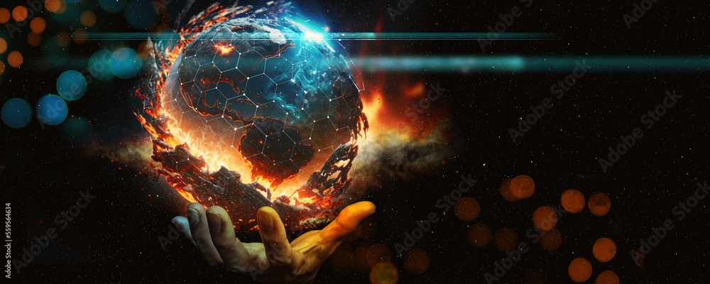 Hand showing Communication technology for internet business. Global world network and telecommunication on earth cryptocurrency and blockchain and IoT.