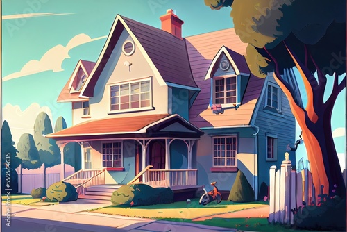Generic image of a suburban two-story house on a nondescript street made to look like 2D modern animation by Generative AI. photo