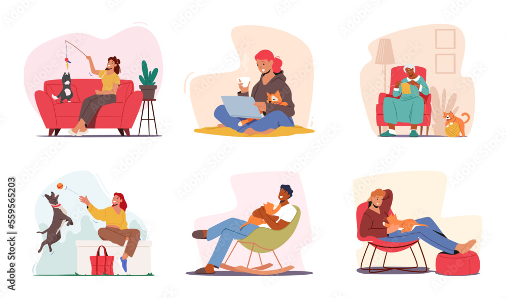 Set Of People Spend Time With Cats And Dogs. Male And Female Characters Playing, Hugging With Pets Vector Illustration