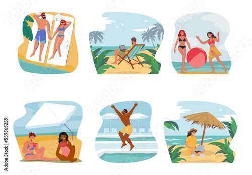 Set People Relax on Summer Beach. Male and Female Characters on Holidays Vacation Cartoon Vector Illustration