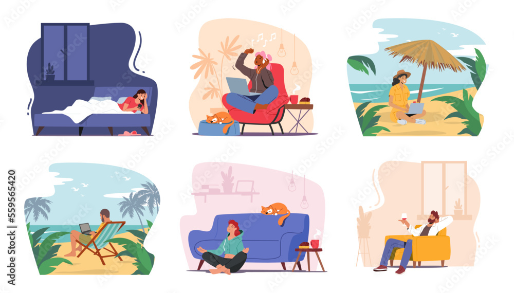 Fototapeta premium Set Characters Spend Time Alone With Themselves. Men And Women Lying In Bed With Smartphone, Work On Laptop At Home