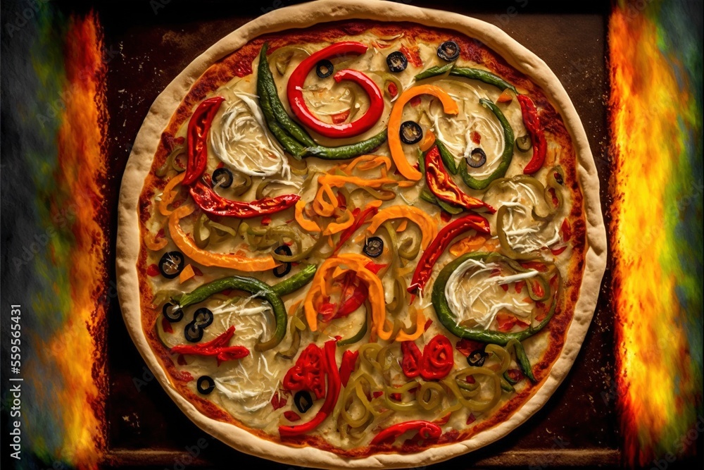a pizza with peppers and cheese on a pan in a fire pit with flames around it and a black background with a red and yellow border around the edges and a black border with a. a pizza with peppers and cheese on a pan in a fire pit with flames around it and a black background with a red and yellow border around the edges and a black border with a.