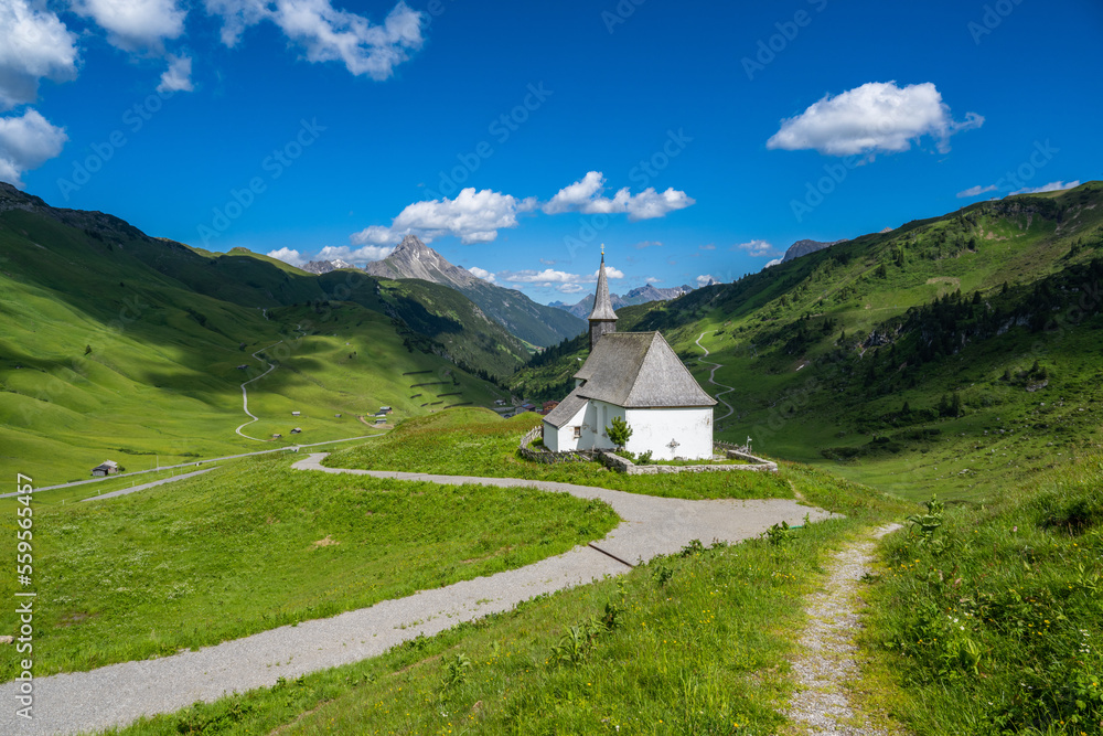 St. Jakobus am Simmel Chapel on the Hochtannberg Pass with Biberkopf Mountain, State of Vorarlberg, Austria