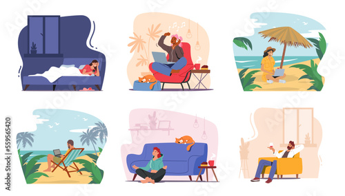 Set Characters Spend Time Alone With Themselves. Men And Women Lying In Bed With Smartphone, Work On Laptop At Home