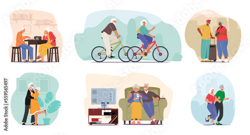 Set Of Senior Active Couple Lifestyle And Recreational Activities. Older Adult Male And Female Characters Play Chess