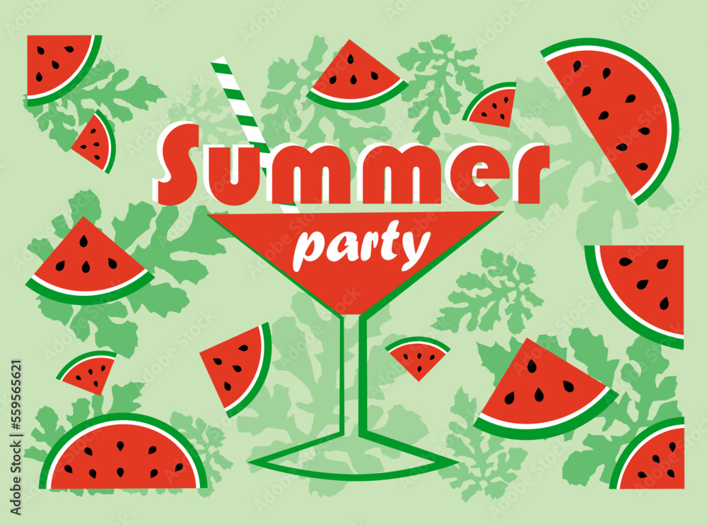 Pieces of watermelon and watermelon leaves on a green background. Summer party Pieces of watermelon and watermelon leaves on a green background. Summer party