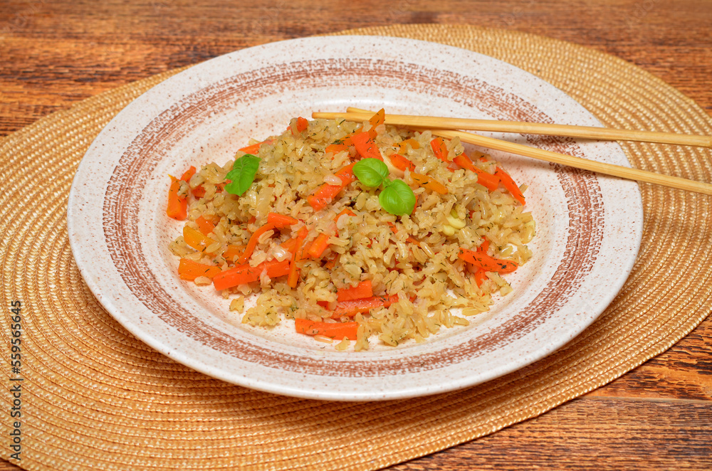 vegetarian pilaf rice with vegetables on the table vegetarian pilaf rice with vegetables on the table