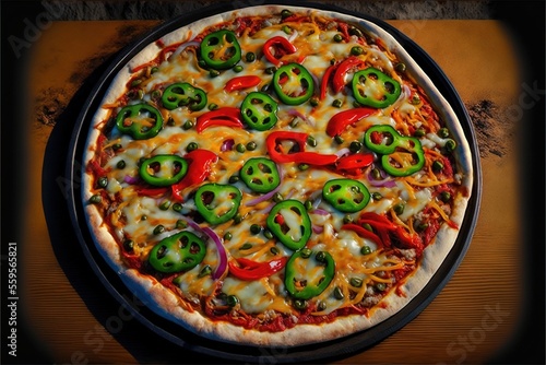a pizza with peppers and cheese on a pan on a table with a wooden table top and a black frame around it with a black border around the edges and a black border with a.