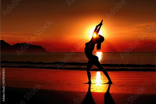 Yoga on the Beach During Sunset - 2D cel animation style drawing of a woman practicing yoga on the beach during sunset. Generative AI image with bright, colorful landscape and vibrant sky photo