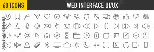 Set of 60 Interface ui, ux web icons in line style. User, profile, message, mobile app, document file, social media, button, home, chat, arrow, collection. Vector illustration.