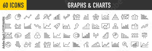 Set of 60 graph and charts web icons in line style. Graphics, infographic, statistics, data, diagrams, economy reduction, finance, down or up arrow, business, increase, decrease. Vector illustration.