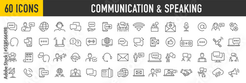 Set of 60 Communication and speaking web icons in line style. Chat, speech bubble, talking, point, chat, support, message, phone, globe, call, info collection. Vector illustration.