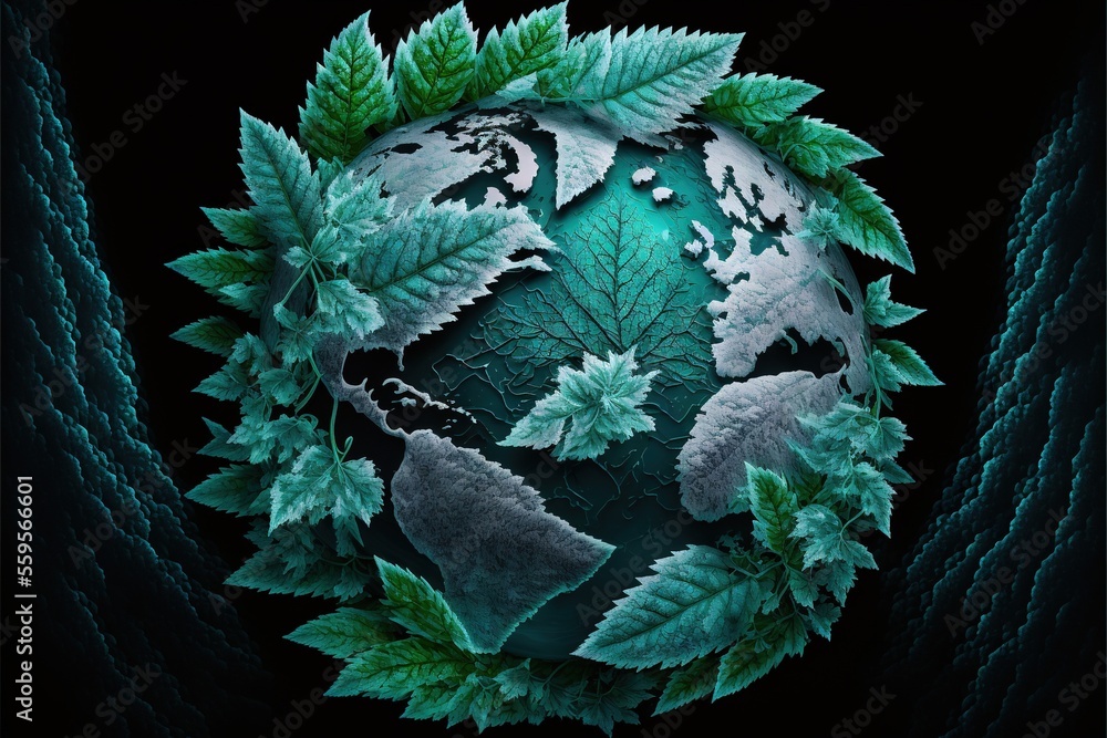 a green globe with leaves around it on a black background with a black ...