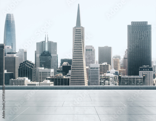 Empty concrete rooftop on the background of a beautiful San Francisco city skyline at daytime, mockup