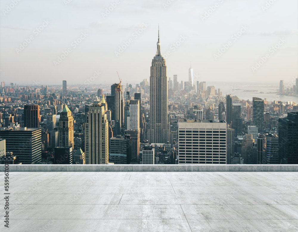 Empty concrete dirty rooftop on the background of a beautiful New York city skyline at morning, mock up