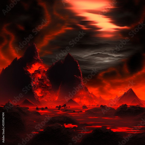 Red mountains, flashes and cracks on the surface. Gloomy sky. Magma and lava spread over the mountains. Lava world collection. High quality illustration