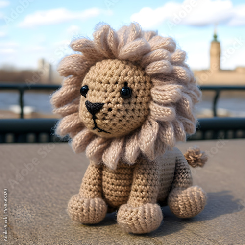 Yarn Lion Amigurumi. Generative AI Handmade Animals. Craftstmanship and Craft. photo