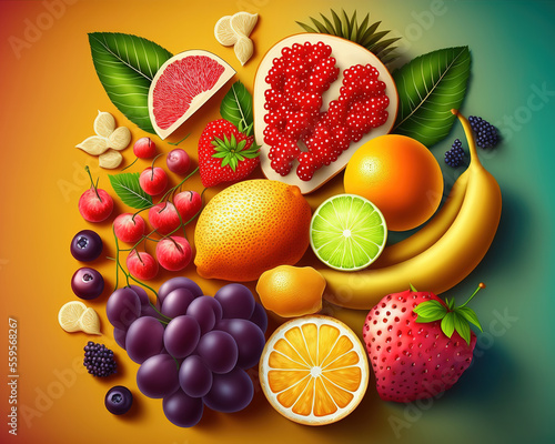 Fresh fruits assorted fruits colorful background.Vitamins natural nutrition concept.  ai generated 