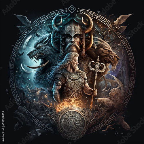 Norse mythology valhalla concept. Created with Generative AI technology.