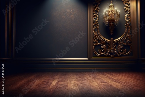 An empty room with a gold frame and a chandelier.