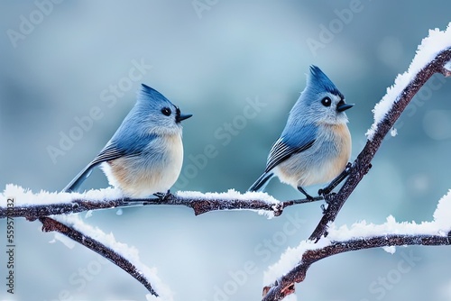 Winter birds, two snowbirds on a branch in the forest, Generative AI photo