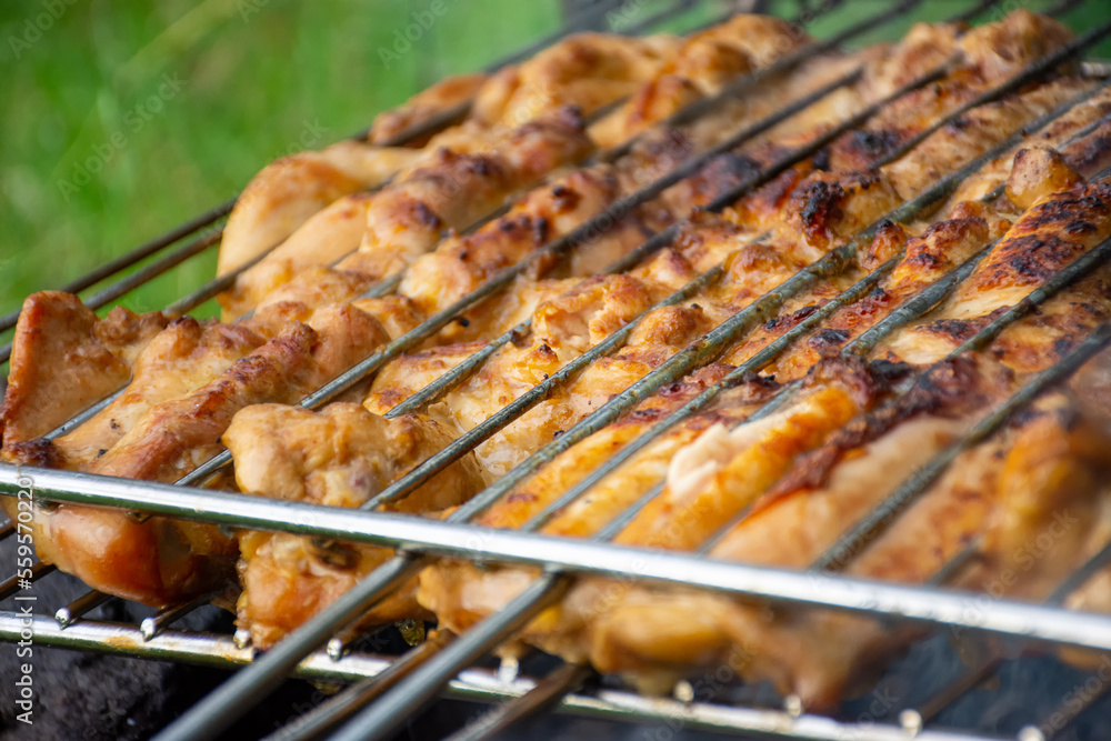 Pork or veal meat located on an iron grate. Cooking takes place at the expense of hot coals in the grill. Photo for use in advertising or other activities.