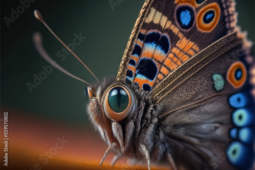  a close up of a butterfly with a big eye on it's face and wings, with a green background and a black background with blue, orange, blue, and orange, and white, and black colors. Generative AI