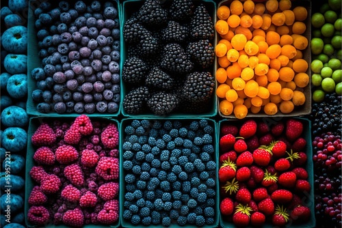 a display of different fruits in a box together for sale in a store or restaurant, with a variety of berries and other fruits in the boxes, all of different colors, all,.