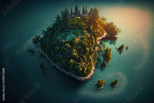 Leinwand Poster Fantasy landscape with a forest island on the sea. AI