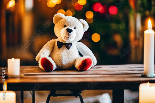 gentleman white teddy bear with elegant black bow tie sitting smiling on rustical old wooden table with two candles at restaurant with some blurry colorful bokeh lights in background, generative AI