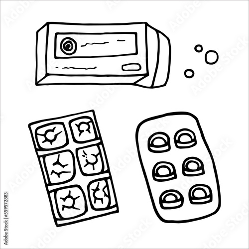 Drugs packages set doodle style vector illustration isolated on white
