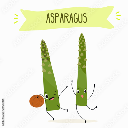 Illustration with funny asparagus characters. Funny and healthy food. Vitamins, cute face food, ingredients, vegetarianism, vector cartoon, antioxidant.