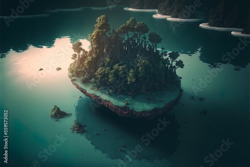 Fantasy landscape with a forest island on the sea. AI