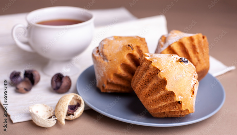 Pecan nut muffins with cup of tea on a plate. Grey background with cupcake. Pecan nut muffins with cup of tea on a plate. Grey background with cupcake.