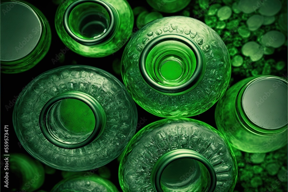 a group of green glass bottles sitting next to each other on a table ...