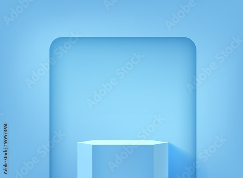Realistic showcase with podium in a hole of the wall. 3d vector mockup