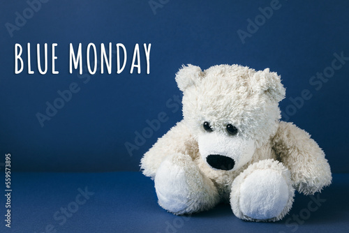 A sad teddy bear on a blue background with 