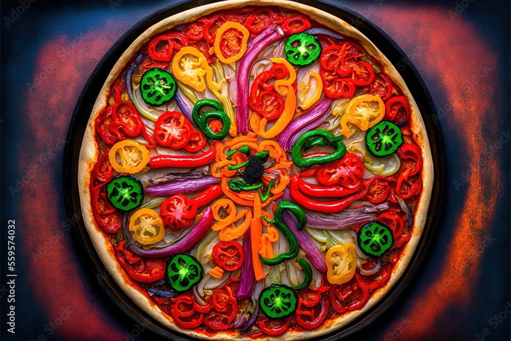a pizza with peppers and onions on a wooden table top with a red background and a blue border around it with a black border around the edges and a red border with a black border. a pizza with peppers and onions on a wooden table top with a red background and a blue border around it with a black border around the edges and a red border with a black border.