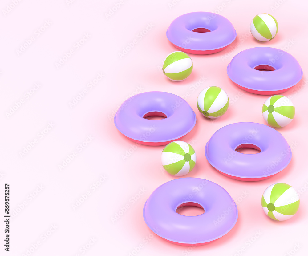 Colorful inflatable rings and balls on pink background, summer vacation Colorful inflatable rings and balls on pink background, summer vacation