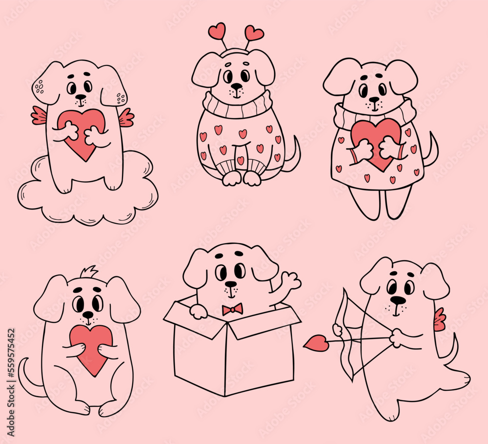 Obraz premium Collection romantic dogs. Cute pets with hearts. Vector illustration in doodle style. Isolated linear hand drawn puppies in love for design and decor of valentines, love postcards, printing.
