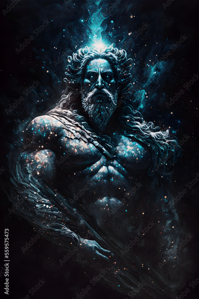 illustration of an greek god, blue dark galaxy stars background, illustration digital generative ai design art style