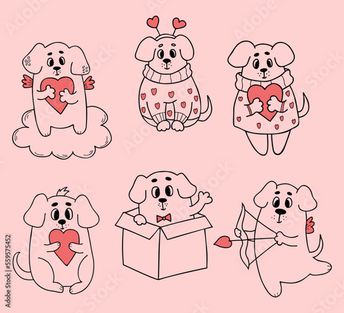 Collection romantic dogs. Cute pets with hearts. Vector illustration in doodle style. Isolated linear hand drawn puppies in love for design and decor of valentines, love postcards, printing.