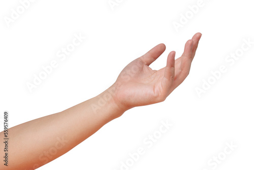 Hand reach out with palm open up. Ready for help and support concept. Background cutout.