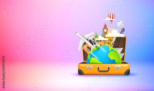 Season travel concept with suitcase and famous world sights. Vector 3d banner with copy space