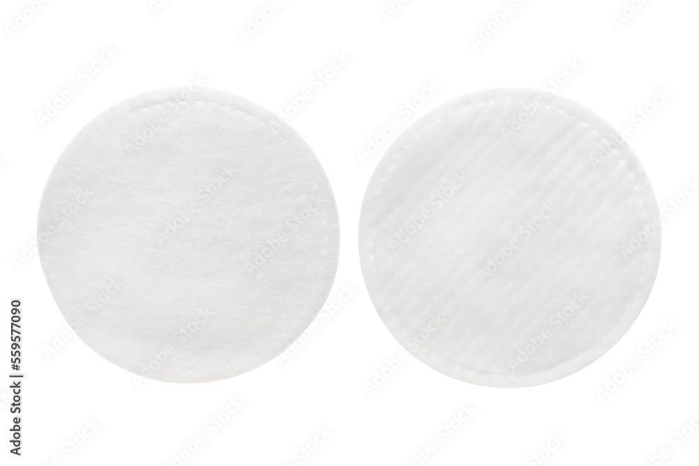 Two sides of round cotton cosmetic pad. Isolated png with transparency